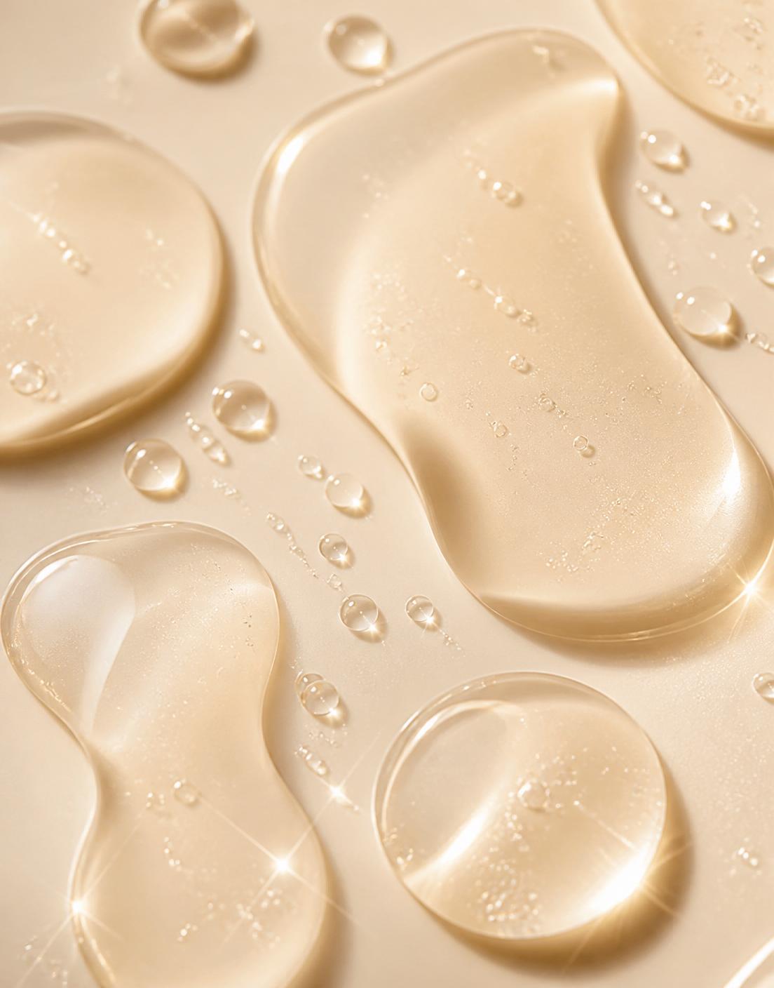 Macro texture of translucent serum droplets on a warm ivory surface