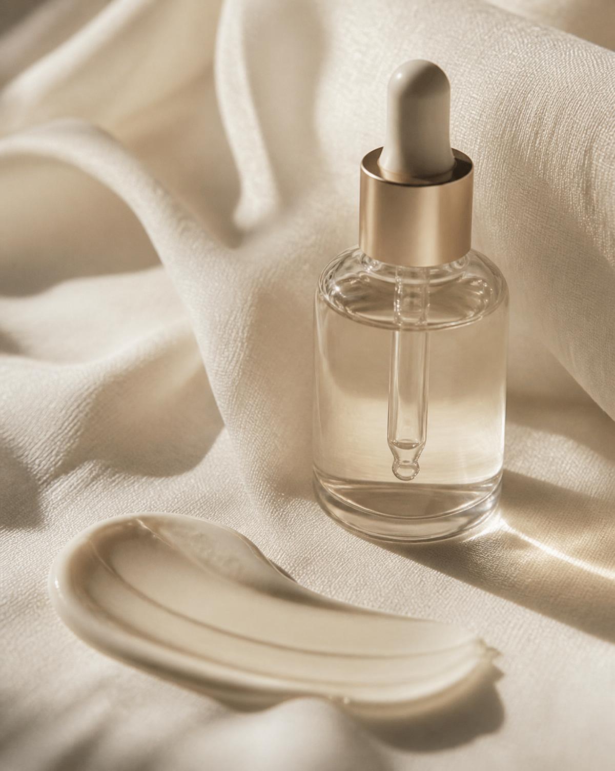 Warm ivory editorial still life of a glass serum dropper and a smooth cream texture