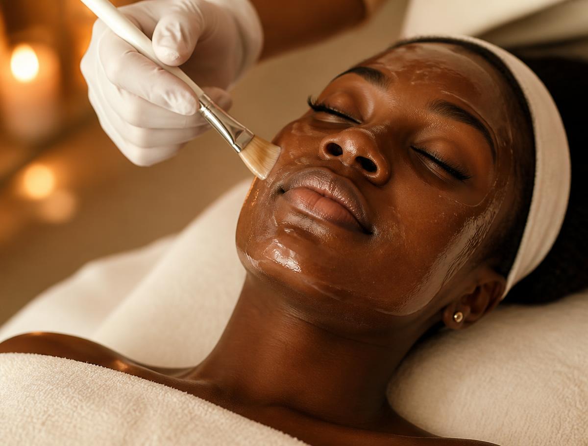 Client with deep brown skin receiving a clear gel treatment mask during a facial
