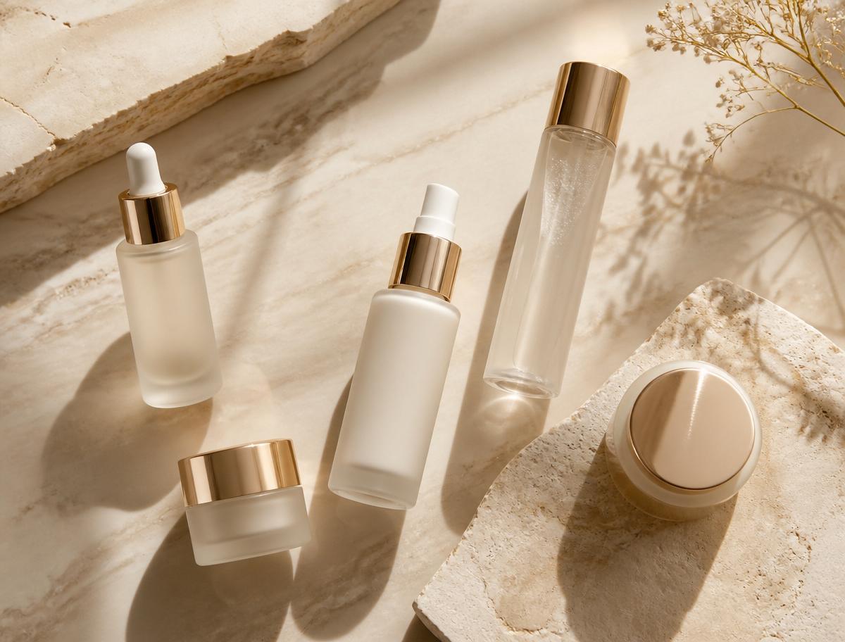 Unbranded skincare bottles arranged on warm ivory stone in soft daylight
