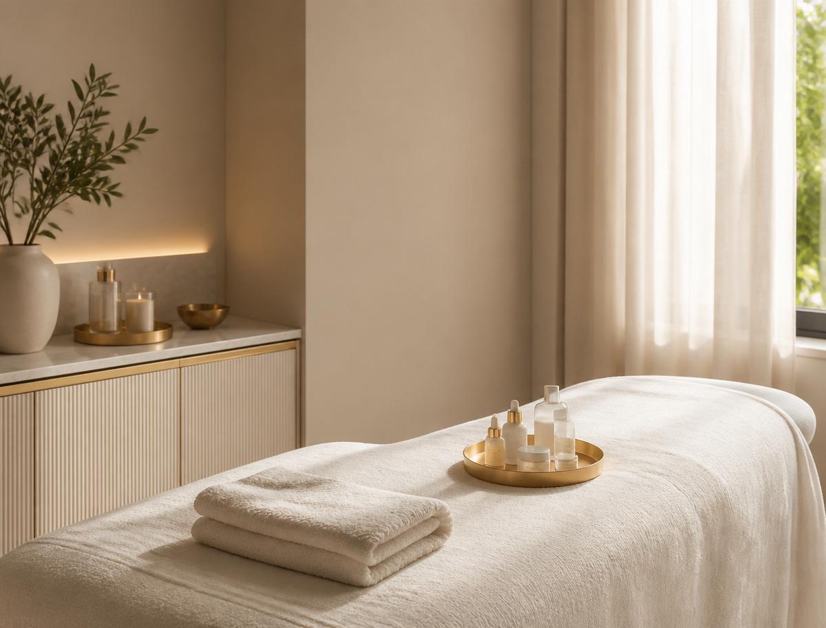 Warm ivory treatment room with linen-draped facial bed and a champagne gold tray